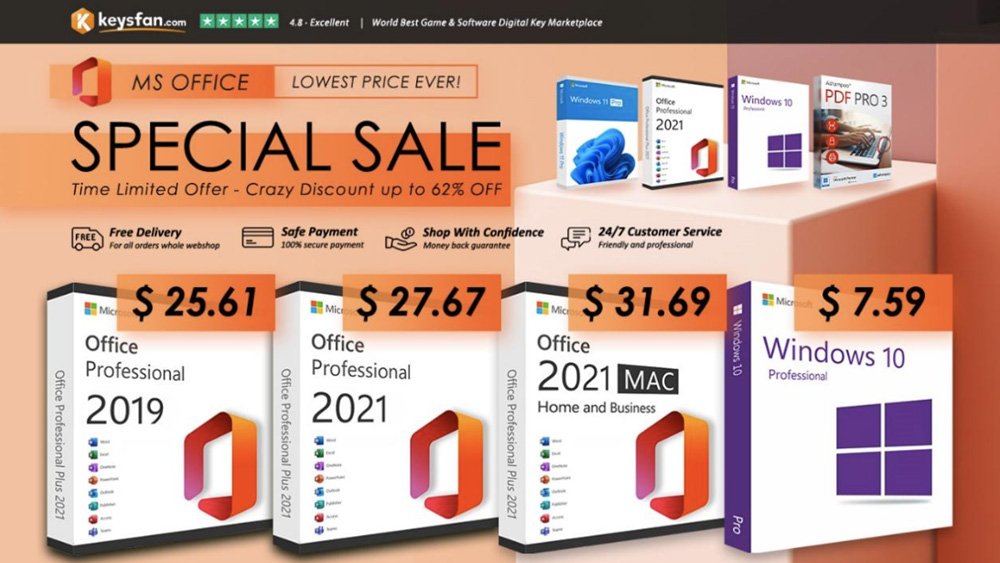 Melhor chance de obter uma licença vitalícia do Microsoft Office por US$13 e do Windows 10 por US$7 na Keysfan